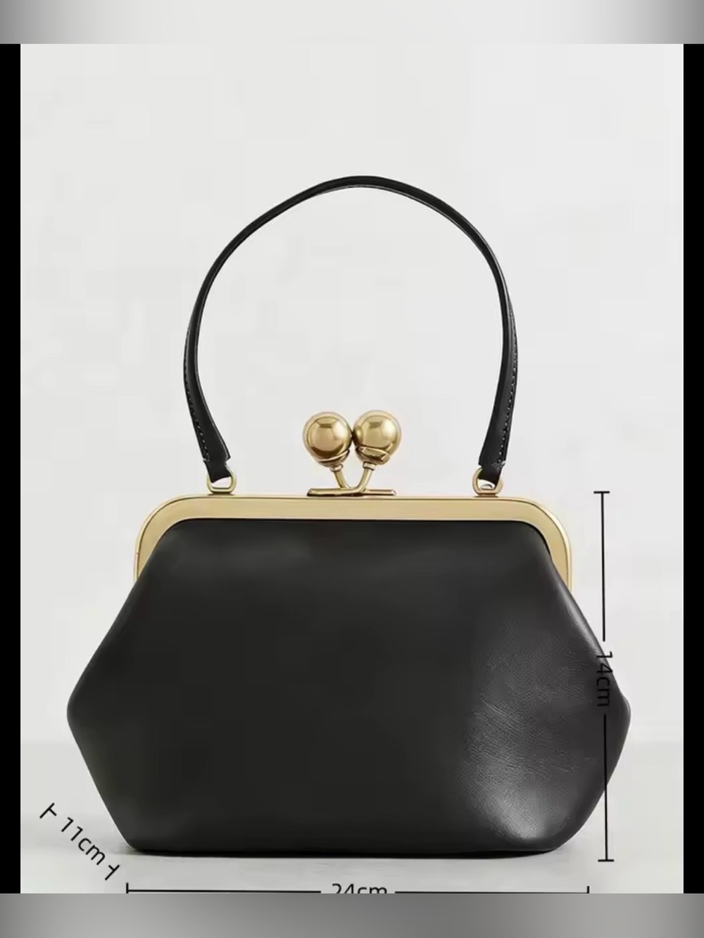 Black Leather Frame Top-Handle Bag with Gold Hardware